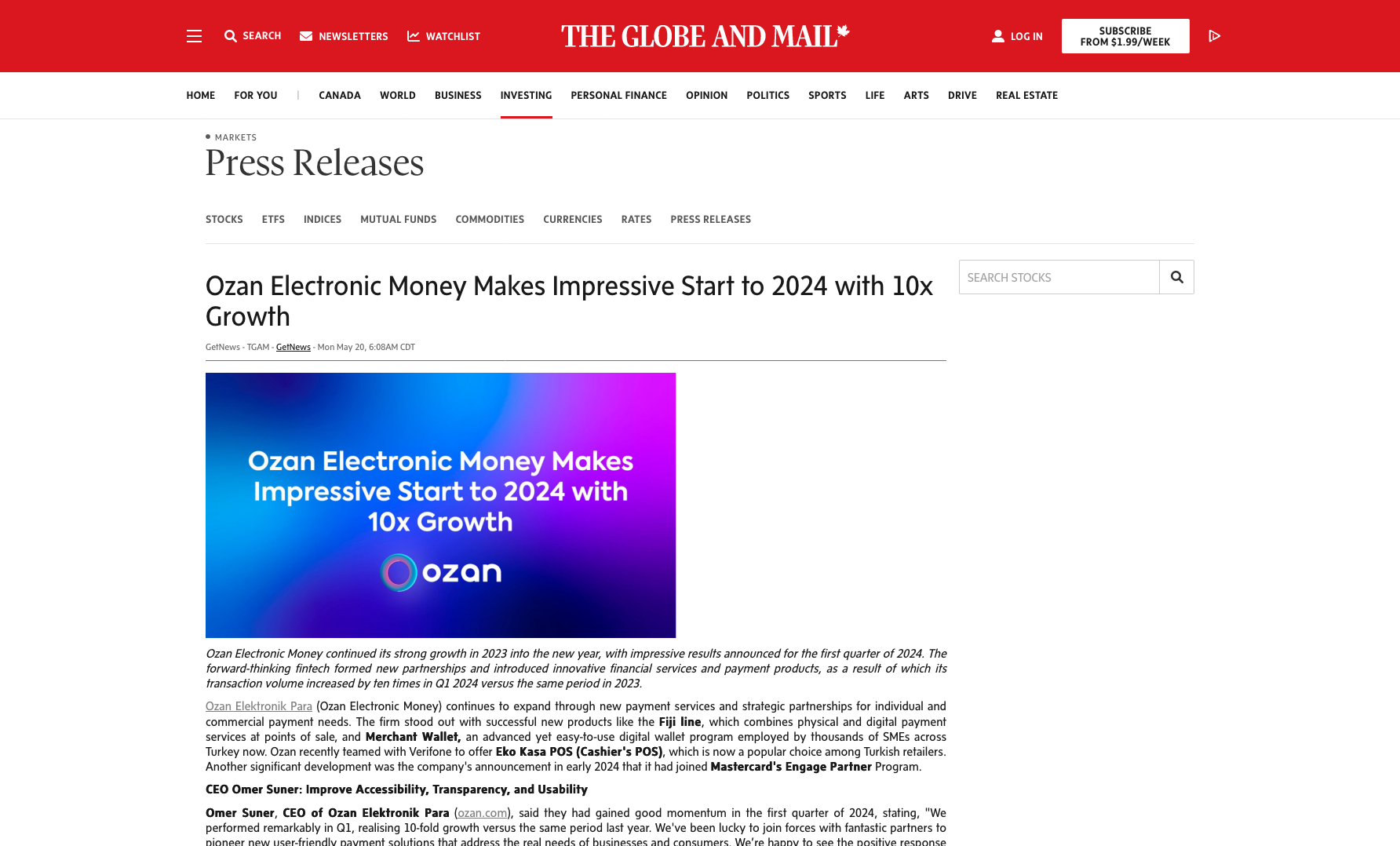 The Globe And Mail - Ozan Özerk, Ömer Suner, Ozan Elektronik Para